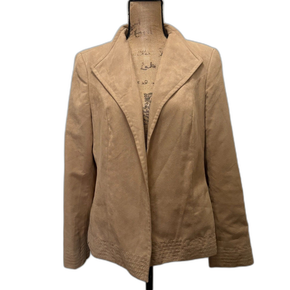 Investments Faux Suede Open Front Blazer Jacket Camel Tan Wing Collar Size 14